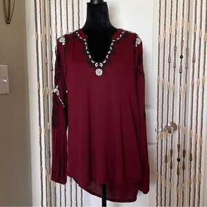 Lucky Brand Long Sleeve Womens Embroidered Hi-Lo Top Burgundy/Blk/Whit XL Boho